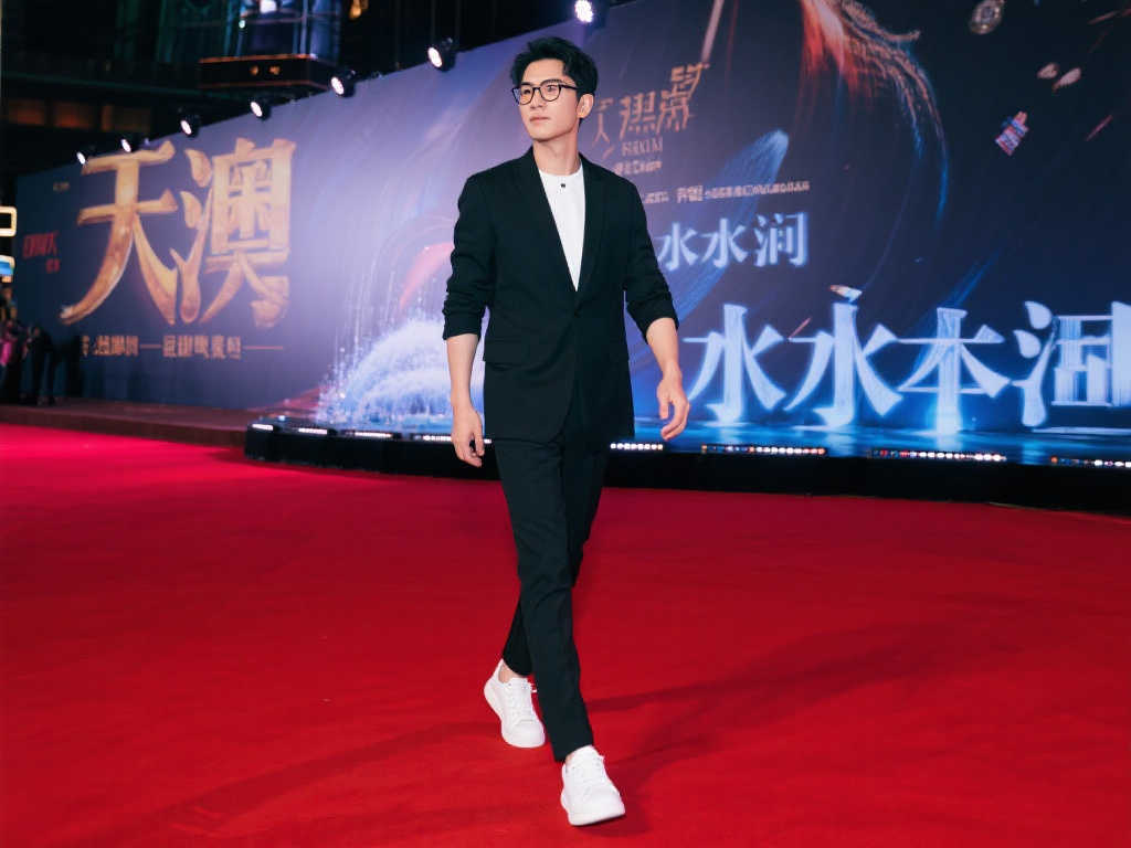 胡一天澳门水舞间红毯惊艳现身，白鞋搭配无框眼镜成亮点